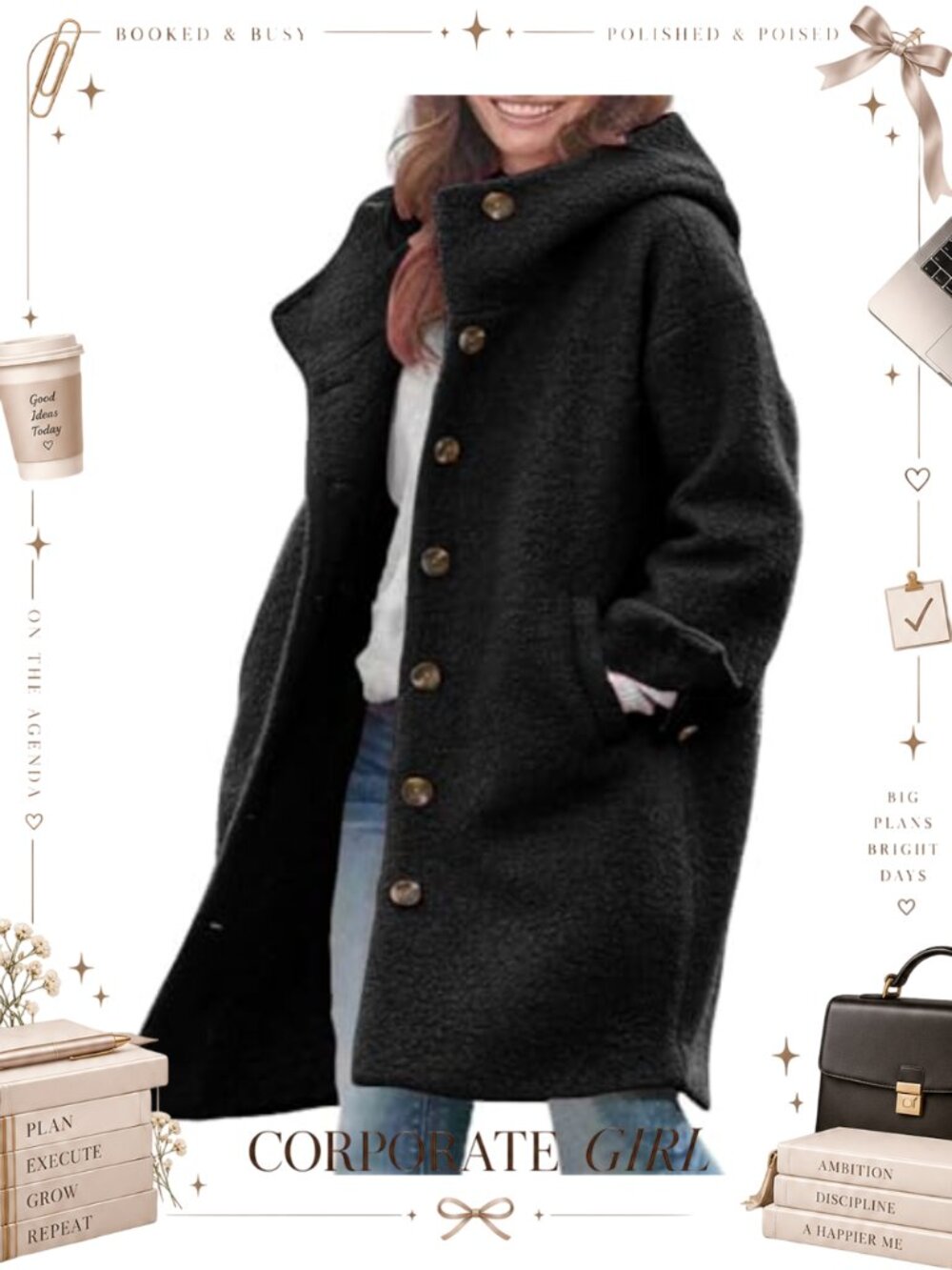 Women's Winter Single Breasted Long Wool Blend Coat with Hood Casual Trench